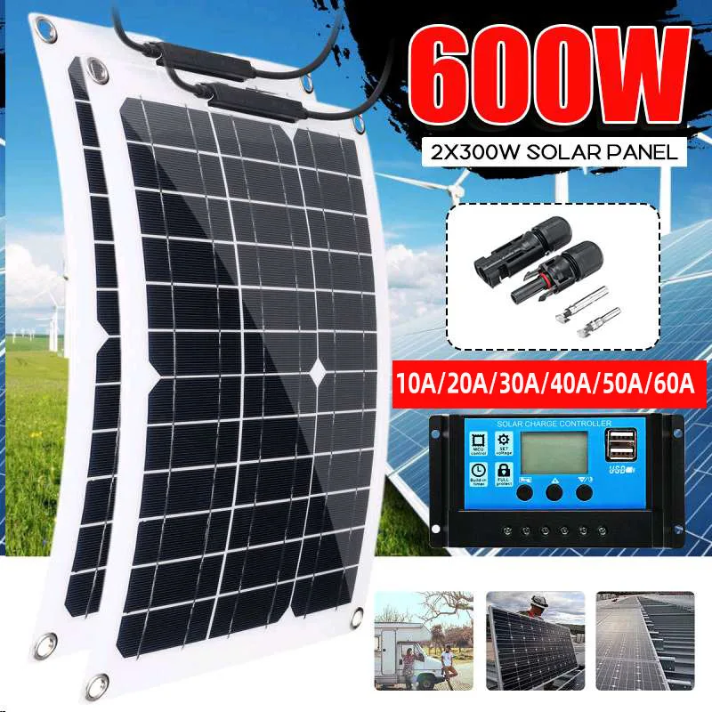 

600W 300W Solar Panel 18V Sun Power Solar Cells Bank With Connector Cover Solar Controller IP65 for Phone Car RV Boat Charger