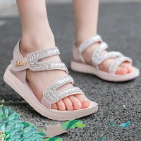 2022 summer fashion girls princess sandals leather shoes rhinestone sequins flat roman sandals thick bottom non slip beach shoes