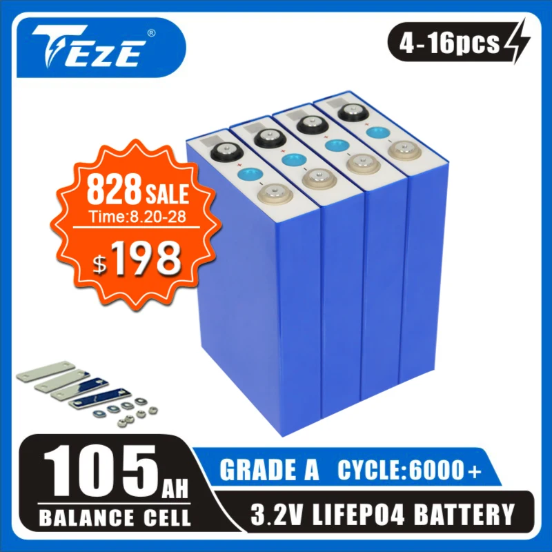 

105Ah 3.2V 1-16PCS LifePO4 Battery 100Ah Grade A 100% Capacity QR Code for RV EV DIY 12V 24V Solar Energy Storage System NO TAX