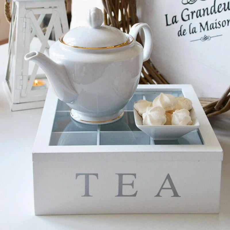 

Bamboo Tea Box 9-Compartment Coffee Tea Bag Storage Holder Organizer With Lid For Kitchen Cabinets Jewelry Storage Organizer