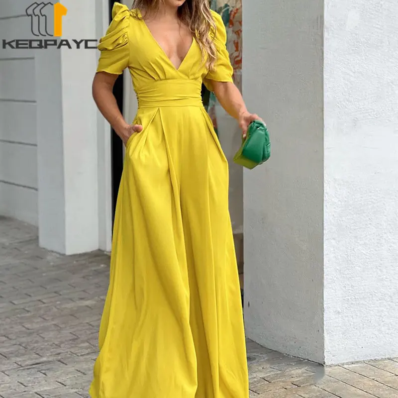 

Женский комбинезон с высокой талией, элегантный однотонный комбинезон с V-образным вырезом, коротким рукавом и широкими штанинами, женская уличная одежда, Новинка лета 2023