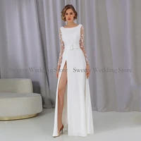 women modern bridal gown long sleeves scoop neck silver lace simple wedding gown open back a line high slit wedding dress