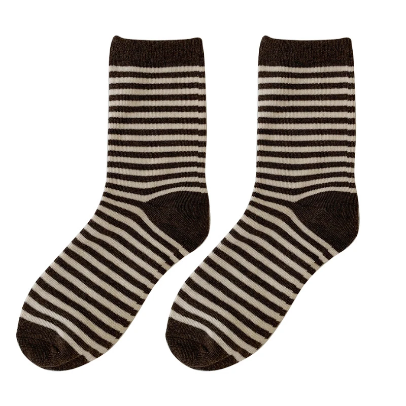 

Brand 4 Pairs Daily Basic Classic Stripes Beige Coffee Black Dark Grey 4 Season Combed Cotton Soft Women Socks Set