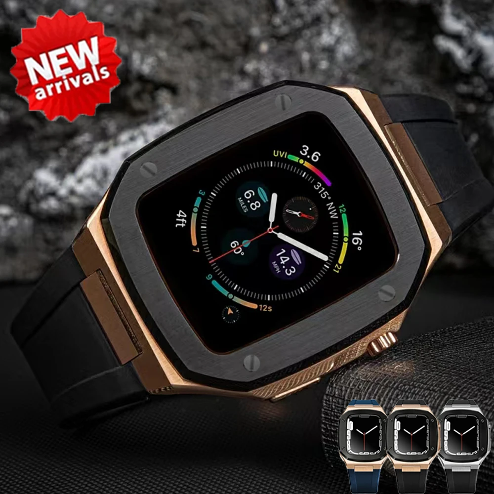 

Luxury Metal Case Strap For Apple Watch 8 45mm 7 41mm Silicone Rubber Band For iWatch Series6 SE 5 4 44mm 40mm Modification Kit