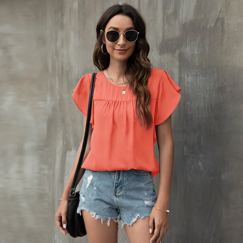 

Solid Off Shoulder Ruffles Folds Blouse Shirts Office Lady 2022 Summer Short Sleeve Loose Casual T-Shirt Women Tops Streetwear