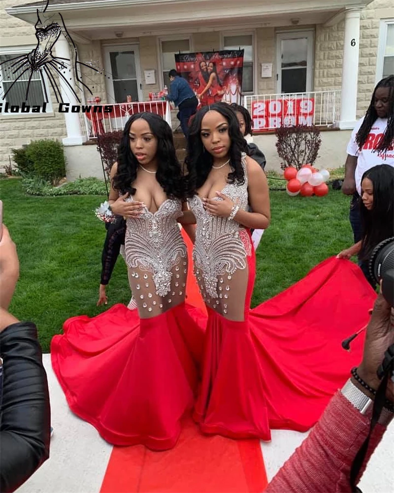 

Red Sweetheart Evening Dress For Black Girls Beaded Crystal Birthday Party Dresses Mermaid Long Prom Gowns Robe De Bal