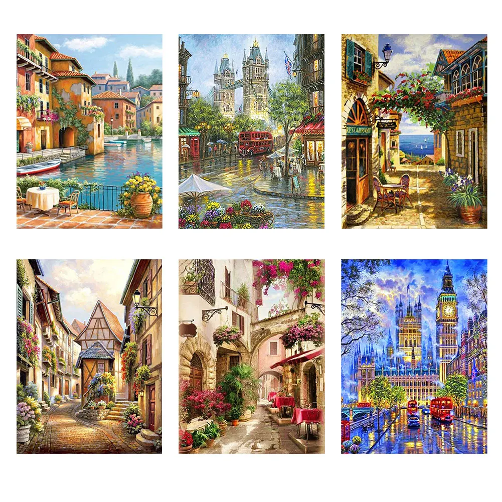 

5D Diamond Mosaic Kits Town Scenery Full Round Diamond Mosaic DIY Embroidery Mosaic Needlework Home Decoration Gift