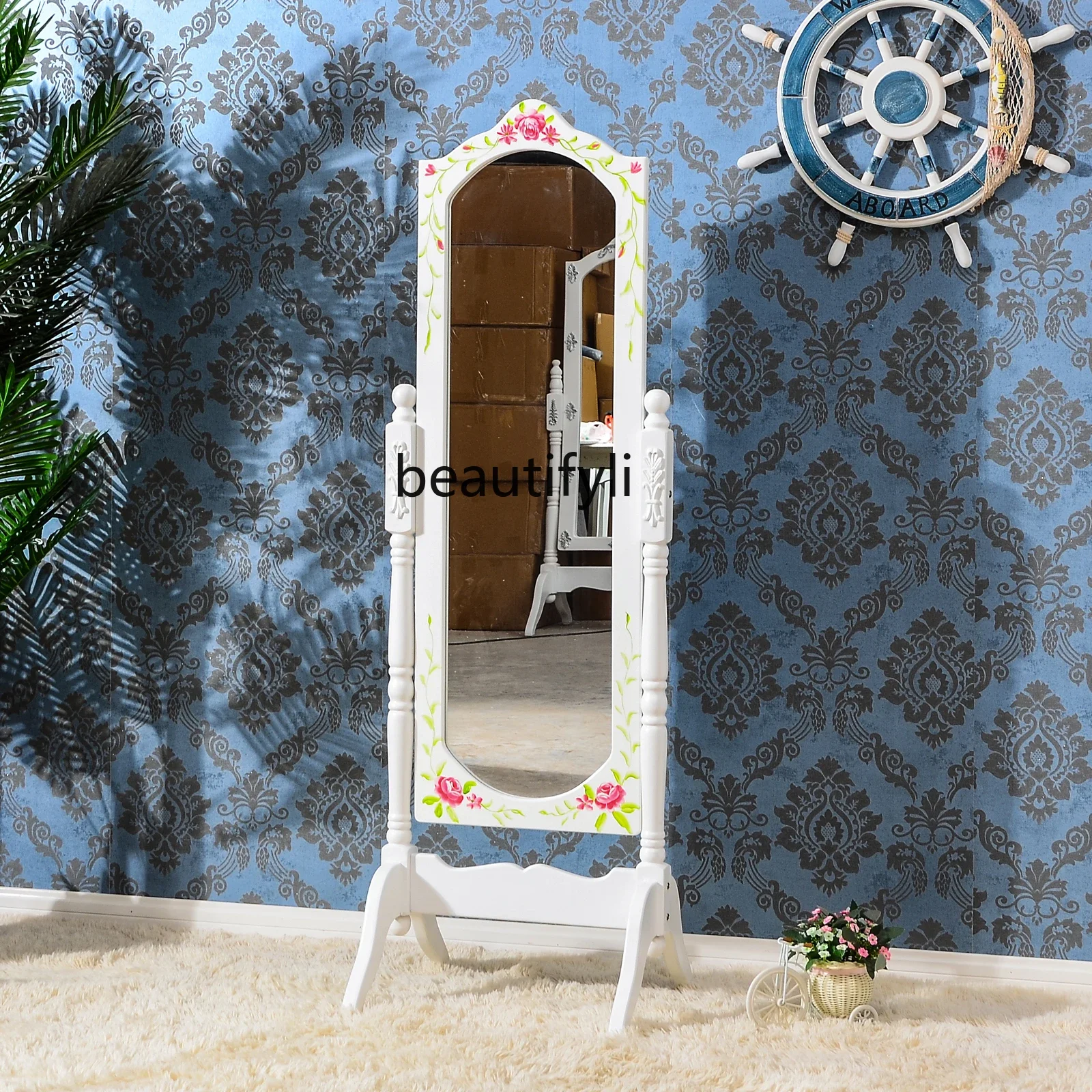 xzEuropean pastoral princess mirror bedroom white floor-to-ceiling rotating square fitting clothing store fulllength mirr