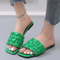 design weave soft slippers for women summer 2022 orange pu leather beach flip flops female square toe flat sandals plus size 43