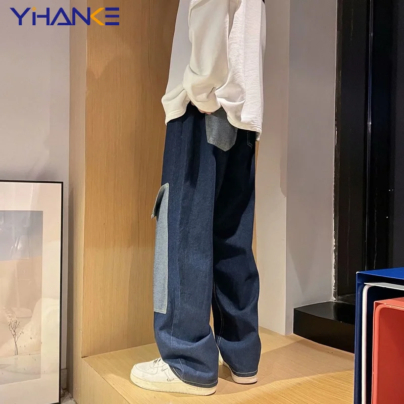 YIHANKE Colour Block Cargo Jeans Patchwork Jeans High Street  Vintage Jeans Men Distressed Baggy Jeans Top Quality Streetwear