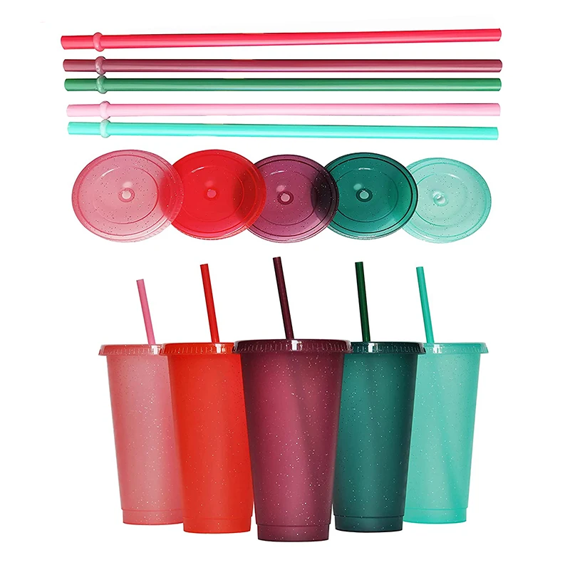 

10PCS Flash Powder Water Bottles For Girl With Straw Reusable Hard Plastic Tumbler With lid Coffee Cup Drinkware Gift