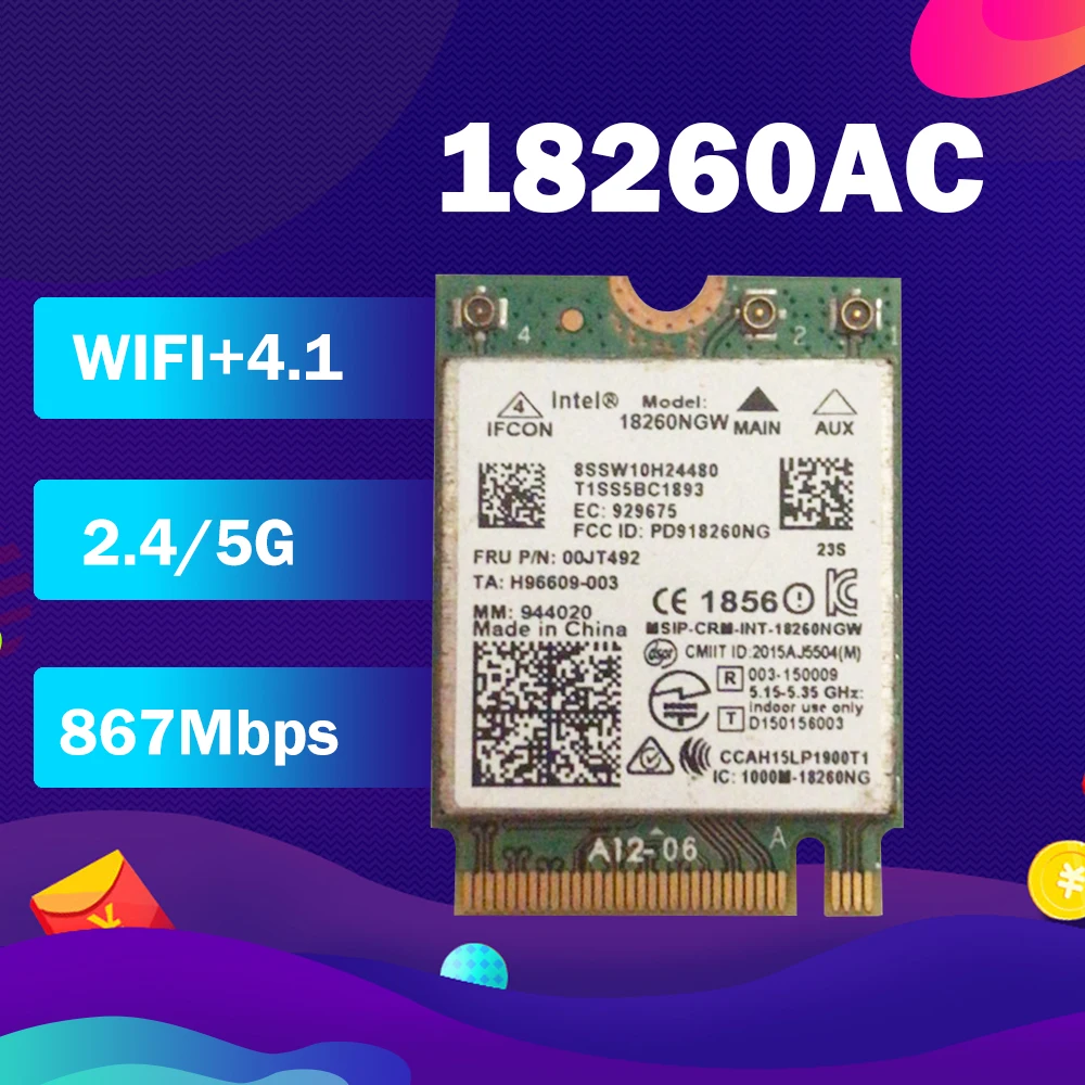 

For Intel Wireless-AC 18260AC 00JT492 M.2 802.11ac 867Mbps WiFi + Bluetooth 4.1 card for Lenovo X260 T460 T460S T460P YOGA 260