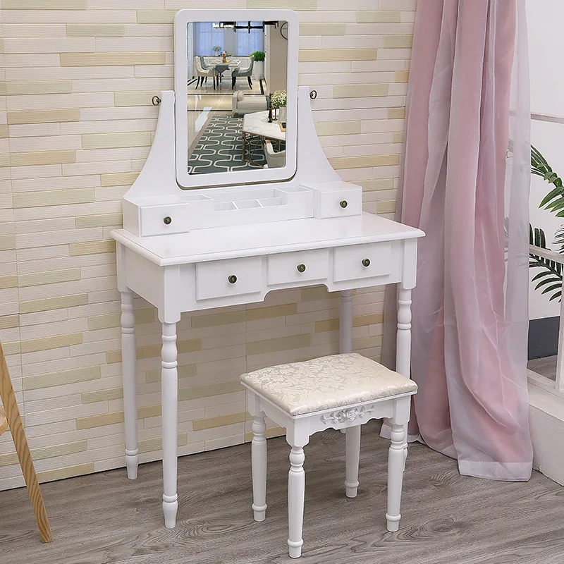 

light luxury, high-end sense bedroom dressing table, small household square mirror, dressing table, simple with stool