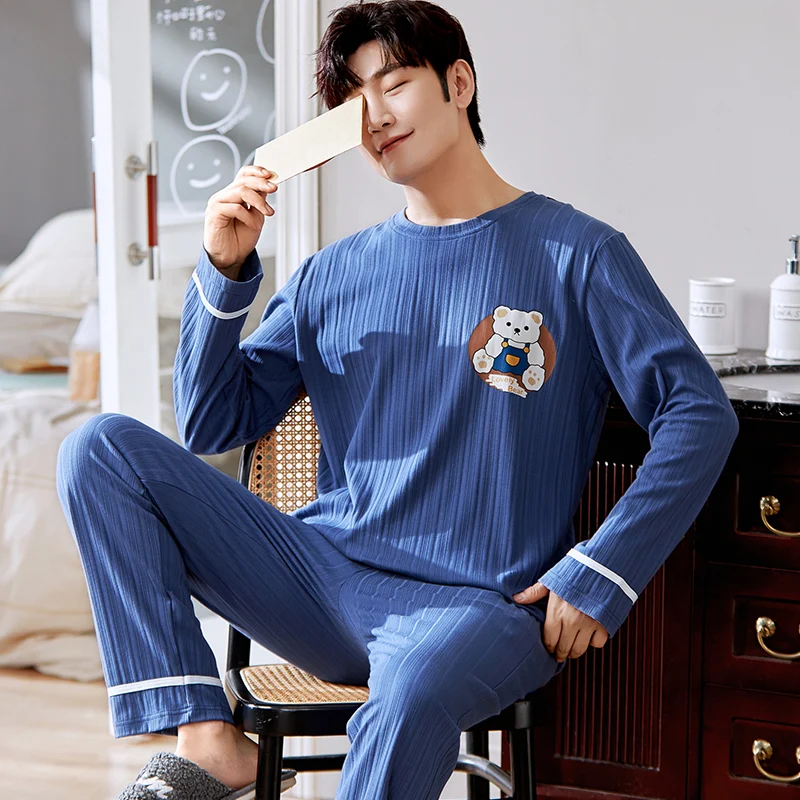 Korean Fashion Cotton Sleepwear For Men Long Sleeves Sleeping Tops Pant Nightwear Male Home Service Pijamas Set Man Loungwear