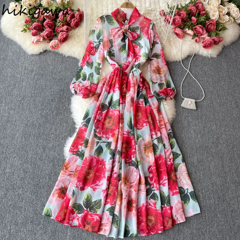 

Женское шифоновое платье с бантом, Элегантное Длинное платье с цветочным принтом в Корейском стиле, платье в стиле хикигава на лето