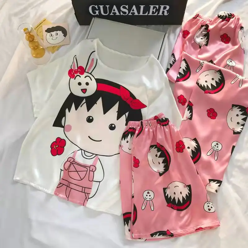 3 Pieces Set Pajama Summer Thin Nightwears for Girls Women Kawaii Strawberry Bear Pink Pijama with Shorts Pants Anime Cozy Ins