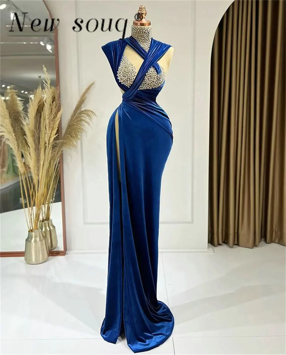 

Женское вечернее платье с разрезом, длинное бархатное платье синего цвета, расшитое бисером, платье-Русалка для вечевечерние