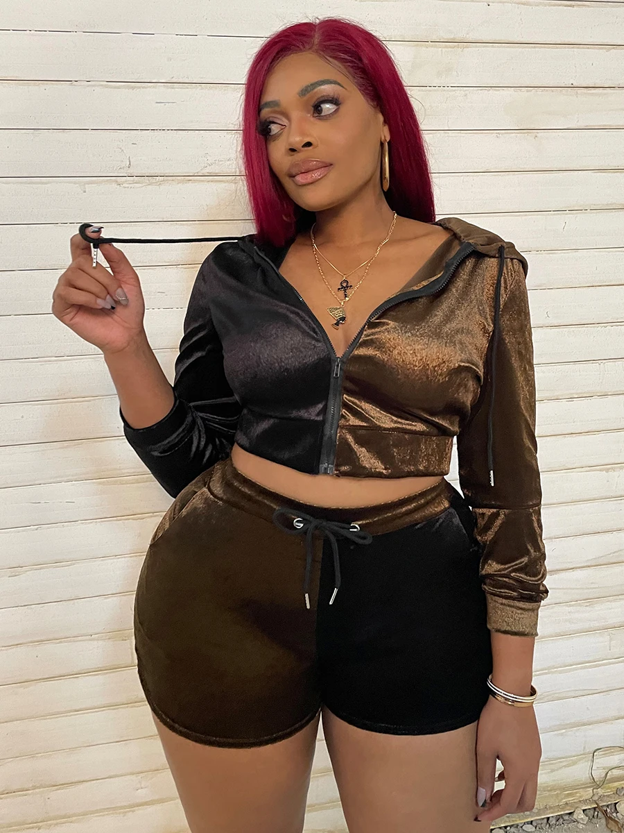

LW Plus Size Color Block Zipper Design Shorts Set Skinny Women Patchwork Long Sleeve Hoodie+Sheath Casual Bottoms Matching Suits