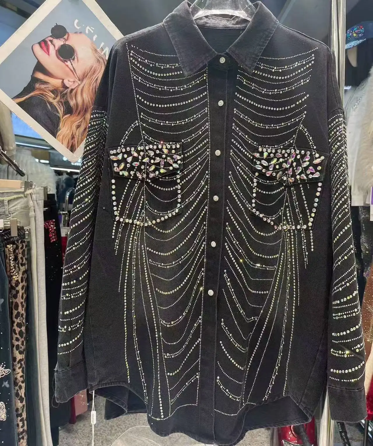 Роскошный стиль блестящие джинсовые блузки рубашки женские черные осенние