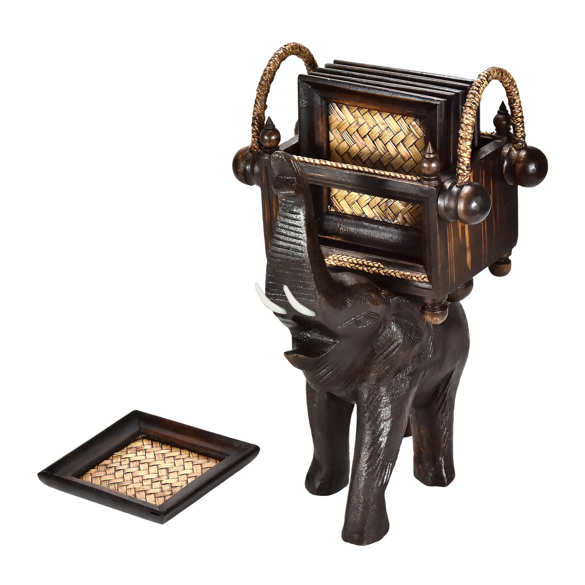 

Proud Elephant Hand Carved Wooden Square Coasters with Holder Set of 6
