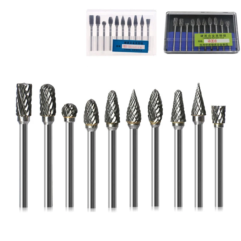 

New 10 Pcs 1/8" Shank Tungsten Carbide Milling Cutter Rotary Tool Burr Double Diamond Cut Rotary Tools Electric Grinding
