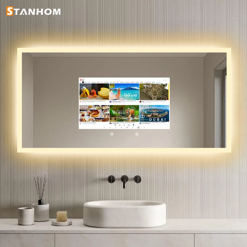 Фото Зеркало STANHOM для ванной комнаты Android 11, умное светодиодное зеркало с сенсорным экраном №4