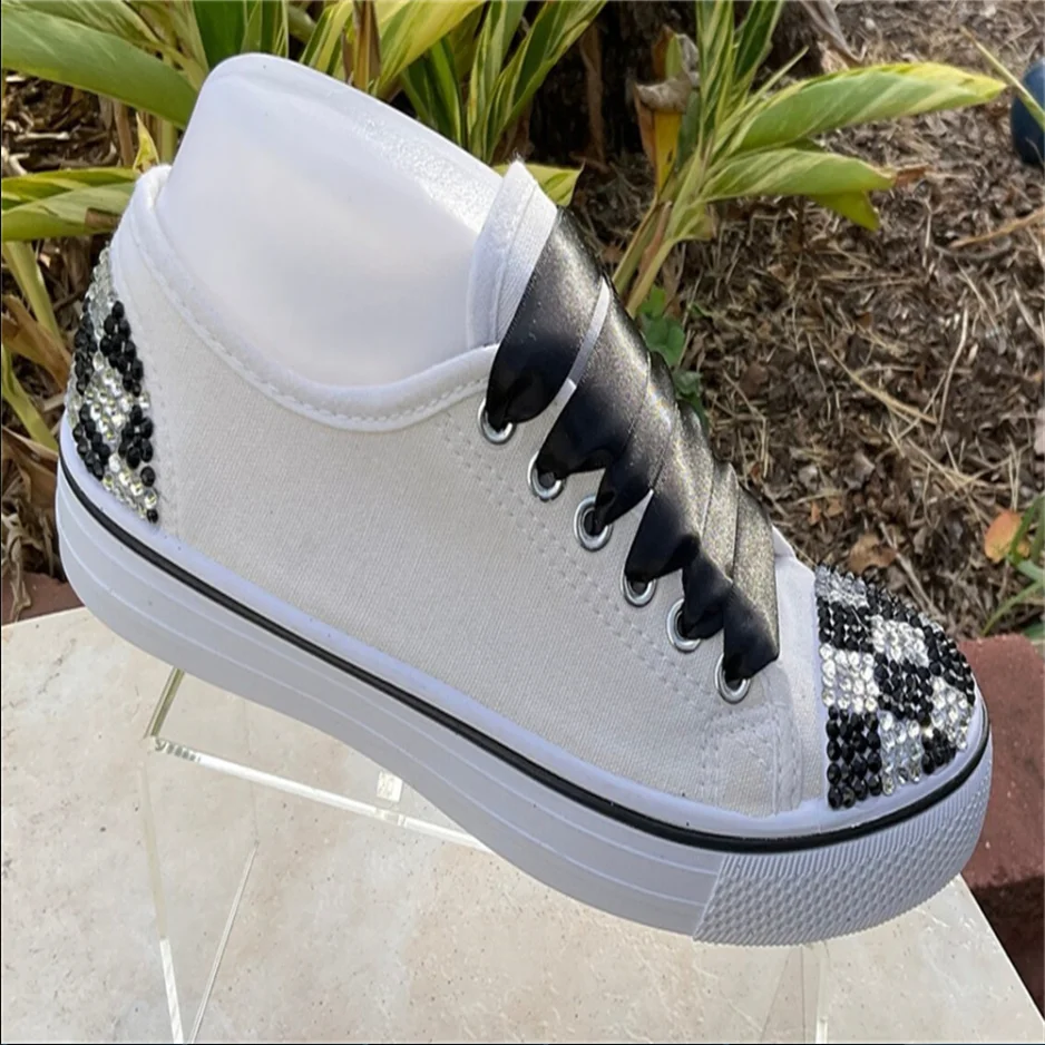 

Silver- black rhinestone sequin lace White low top custom comfortable sports leisure walking canvas shoes large size 35-46