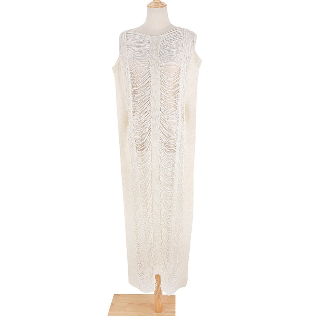 

DEARIRIS Loose Hollowed Out Strip Knitted Beach Long Skirt Bikini Coat Swimsuit Cover Ups