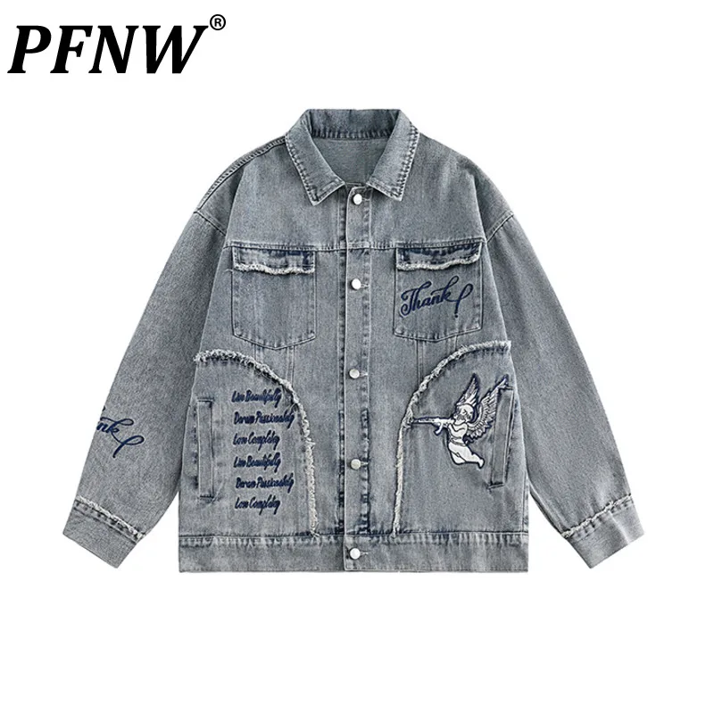 

PFNW American High Street Embroidered Raw Edge Washing Denim Jacket Men's Spring Autumn Streetwear Hip-hop Loose Coats 12G2339
