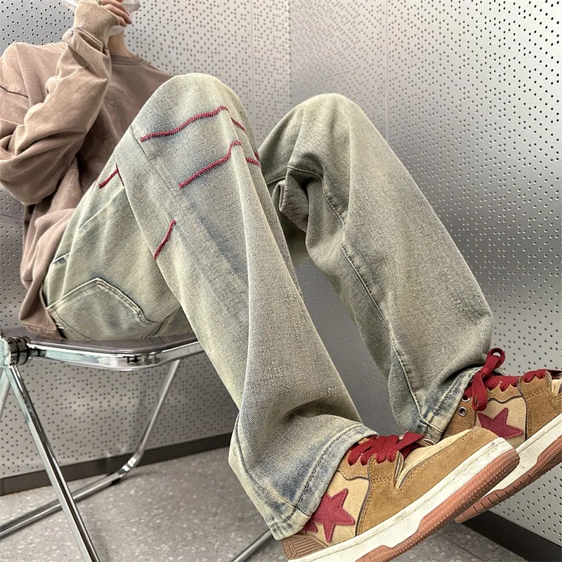 DEEPTOWN Embroidery Washed Jeans Black Blue Straight Leg Loose Casual Youth Denim Pants Streetwear Fashion Trousers Male Hip hop