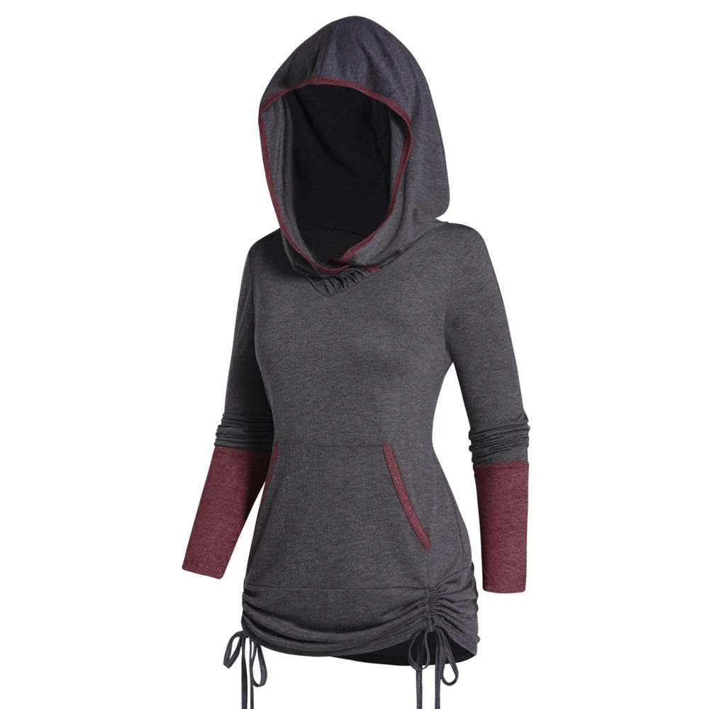 

Women Two Tone Color Hoodie Long Sleeve Kangaroo Pocket Cinched Hooded Top Fashion Hoodie Casual Pullover