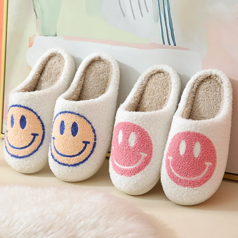 Hot Winter Big Smiley Pattern Women Fur Slippers House Couples Men Fluffy Slides Autumn Warm Plush Bedroom Ladies Cotton Shoes