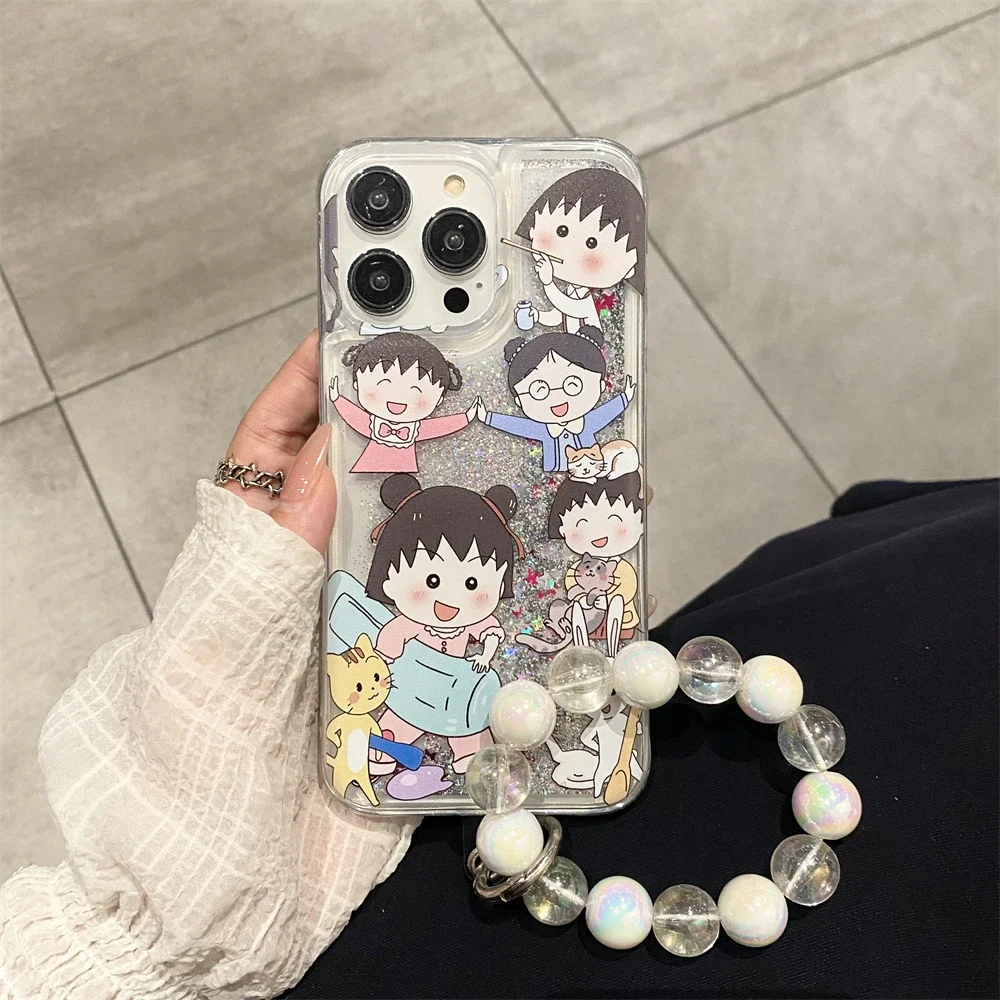 Luxury Star Quicksand Anime Chibi Marukos with Lanyard Phone Case for IPhone 16 15 14 13 12 11 Pro Max Transparent Back Cover