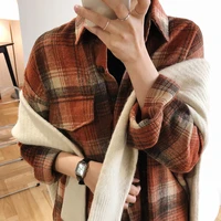 womens spring and autumn long sleeved tops plaid flannel boyfriend style waist shirt loose casual street ladies korean tops new