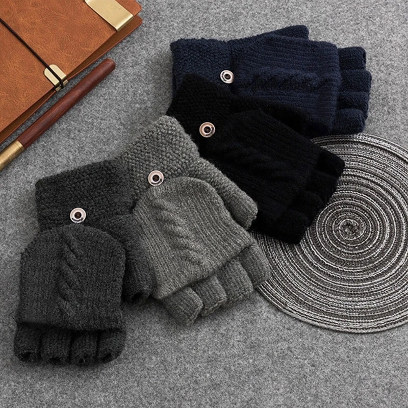 

652F Fingerless Gloves Winter Knit Convertible Gloves Touchscreen Flip Gloves Wool