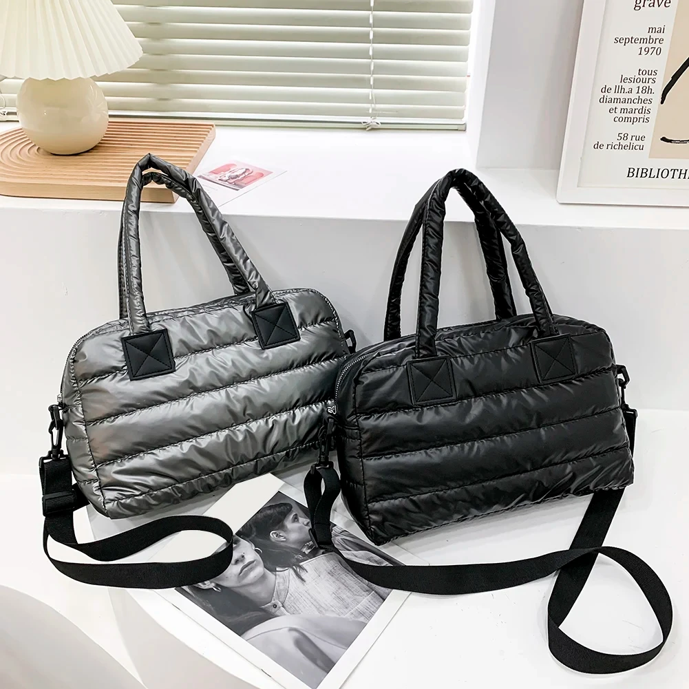 

Fashion Quilted Cotton Padded Nylon Messenger Bag Women Large Capacity Shoulder Bag Solid Color Zipper Designer Top-handle Bags