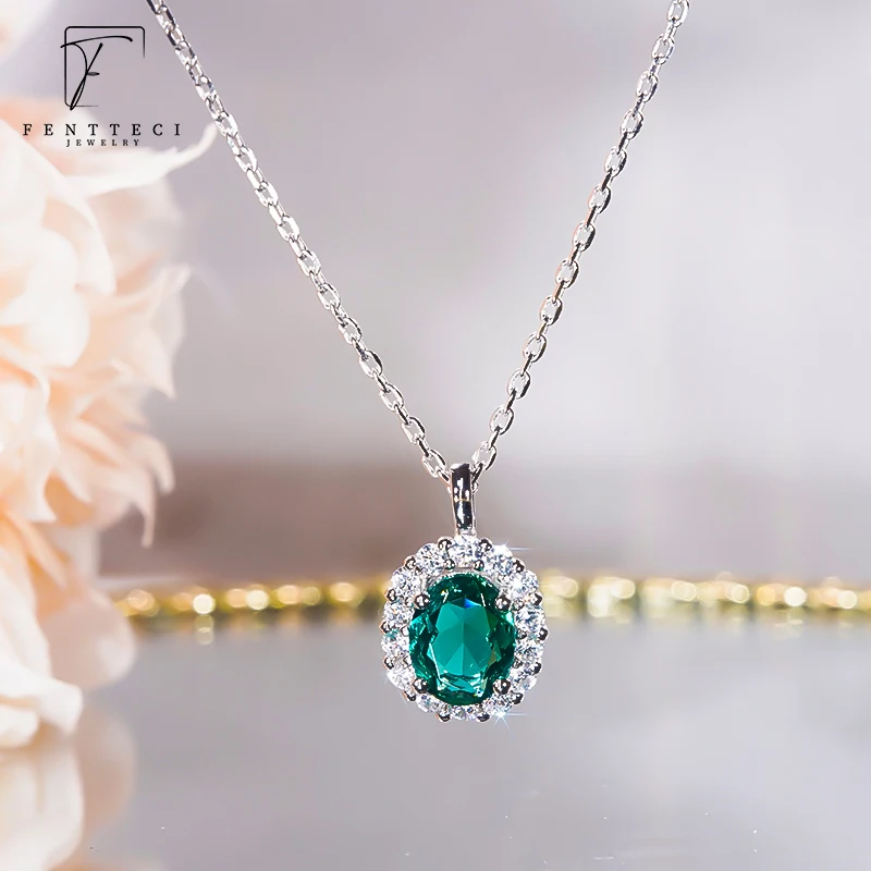 FENTTECI Classic S925 Sterling Silver High-end Luxury Emerald Necklace Zircon Gemstone Pendant for Women Jewelry Gift