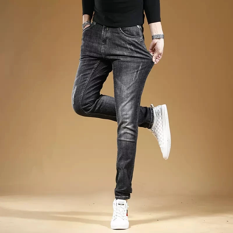 Autumn Black Ripped Jeans Men Casual Slim Fit Straight Pants Streetwear Scratched Denim Trousers