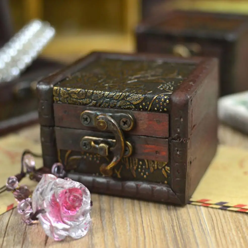 

Vintage Small Wooden Lock Jewelry Holder Necklace Bracelet Storage Gift Box