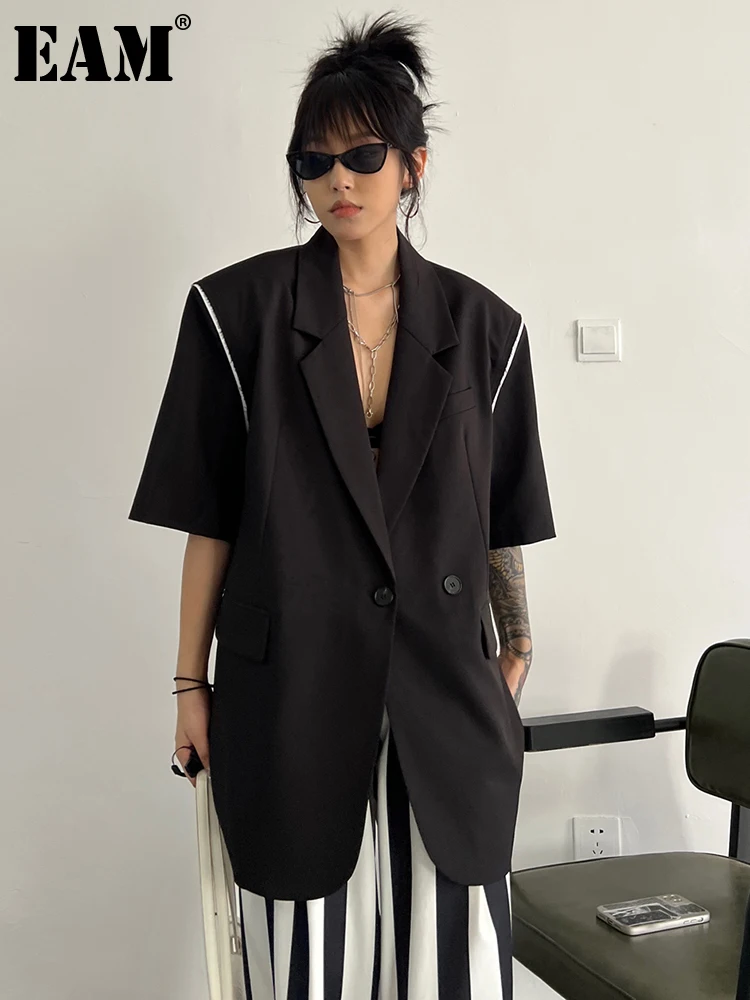 

[EAM] Women Black Color-block Big Size Blazer New Lapel Long Sleeve Loose Fit Jacket Fashion Tide Spring Summer 2023 1DF0094