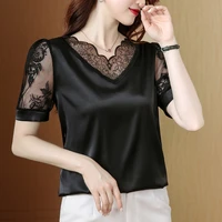 m 4xl summer fashion blouse new short sleeve v neck satin lace patchwork blouse top casual women blouse top