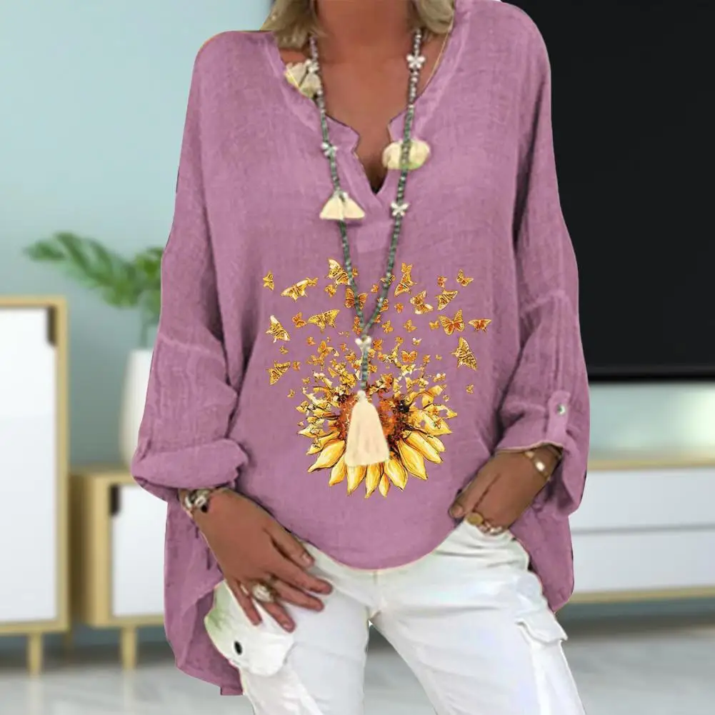

Stylish Flower Pattern V Neck Shirt Women Top Elegant Loose-fitting