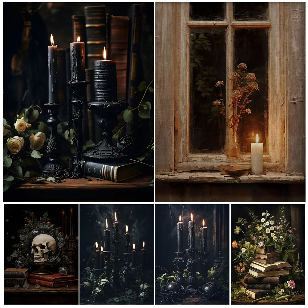 

Black Candles,Flower Books,Christmas Raven,Gothic Vintage Wall Art Canvas Print Moody Dark Academia Still Life Art Poster Decor