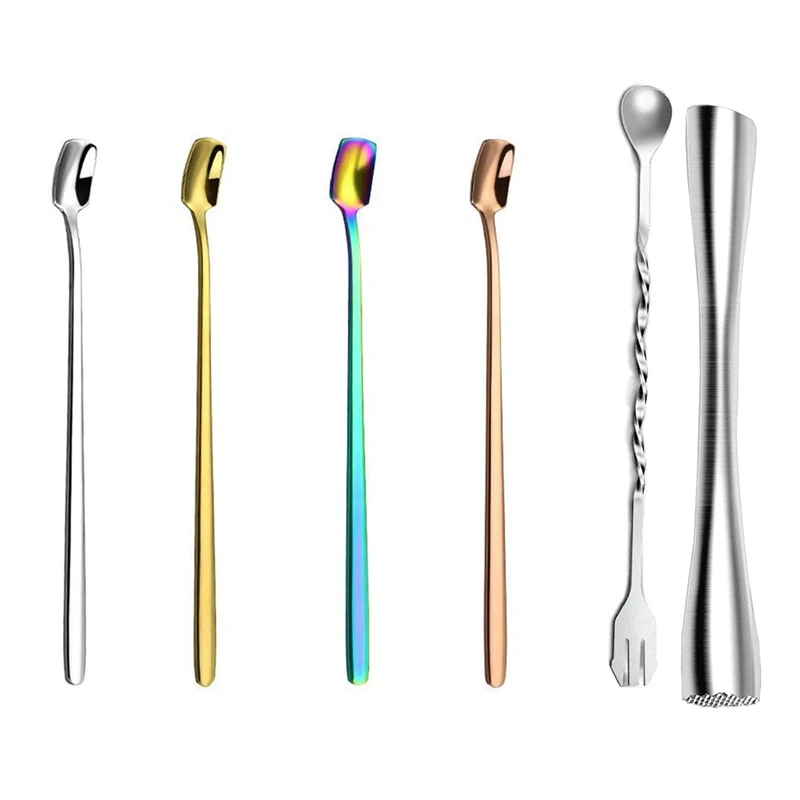 

5X Mixing Stirring Spoon & 1SET 10 Inch Stainless Steel Cocktail Muddler And Mixing Spoon Drink Muddler With Case