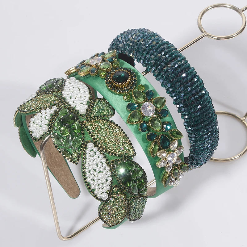 Diademas de la serie verde Vintage para mujer, diademas de diamantes de imitación, aro de cabeza ancha de ala ancha, accesorios para el cabello elegantes