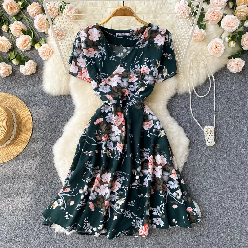 

Женское ТРАПЕЦИЕВИДНОЕ ПЛАТЬЕ С Коротким Рукавом, V-образным вырезом и цветочным принтом