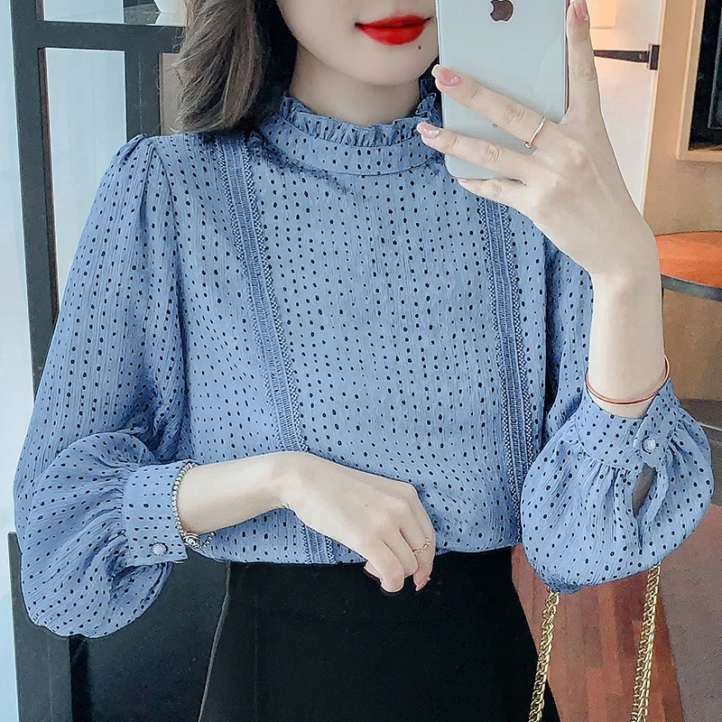 

Chiffon Women's Shirt Summer 2023 New Dots Blouses Loose Long Sleeve Printed Top O-neck Ladies Casual Clothing YCMYUNYAN