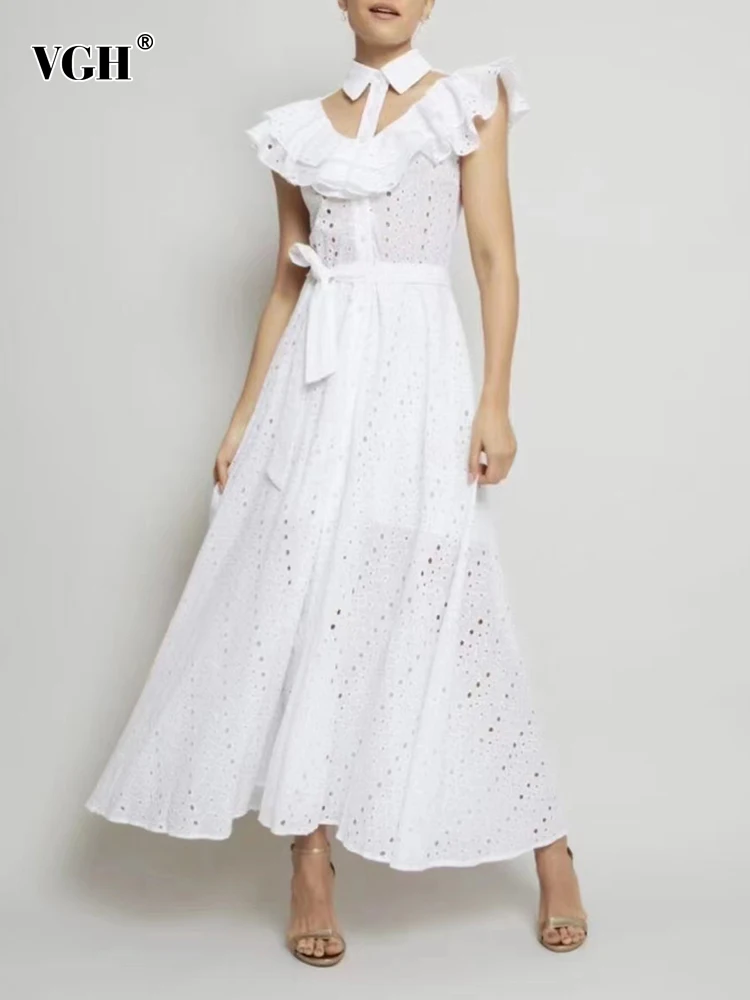 

VGH Casual White Dress For Women Lapel Sleeveless Patchwork Ruffle Trim Cut Out High Waist Midi Dresses Female 2022 Spring Style