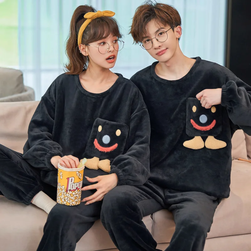 

QUHENG Winter Couples Long Sleeve Thick Warm Flannel Pajama Sets for Women Coral Velvet Cute Cartoon Sleepwear Men Homewear