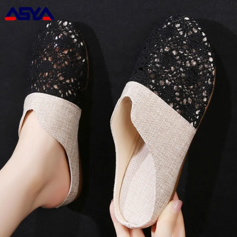 ASYAPOY Half slippers for women to wear out new summer versatile woven breathable flat bottomed lazy sandals